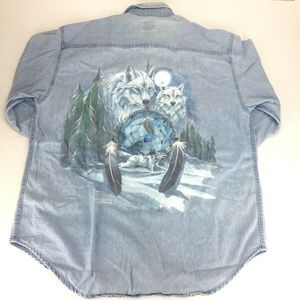 Dreamcatcher Men's Large Denim Shirt Native Wolves